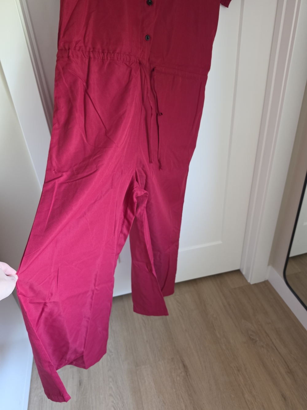 Ankle-Length Red Button-Front Jumpsuit - Picture 2 of 8
